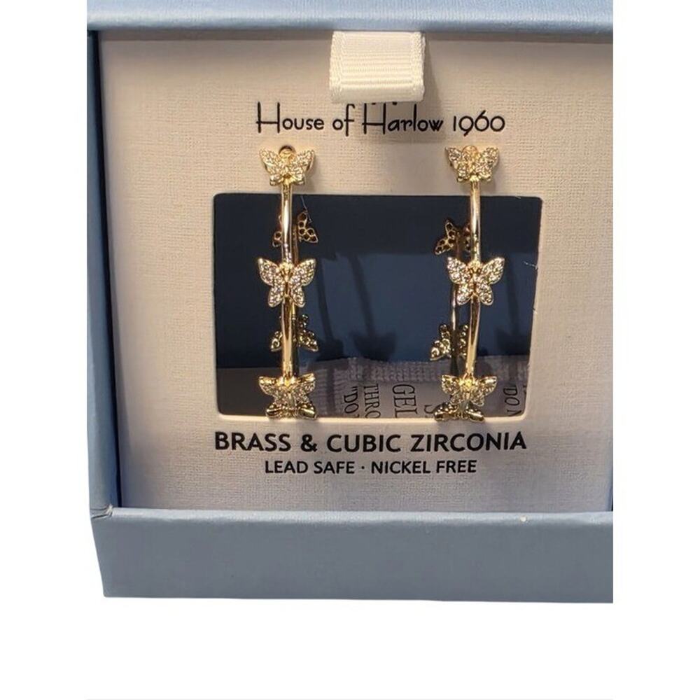 House of Harlow 1960 Butterfly Hoop Earrings Gold Brass Cubic Zirconia NEW